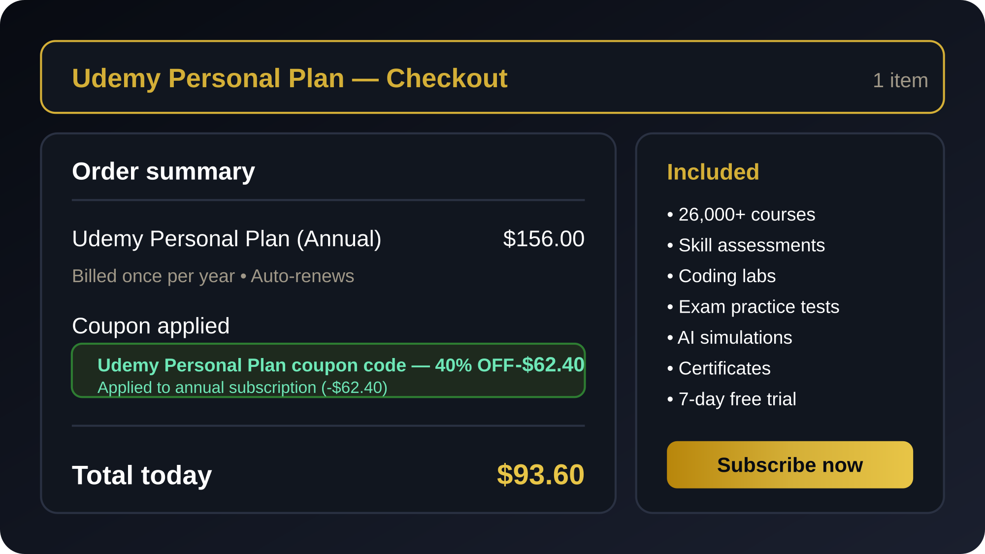 Udemy Personal Plan checkout mockup with coupon code applied