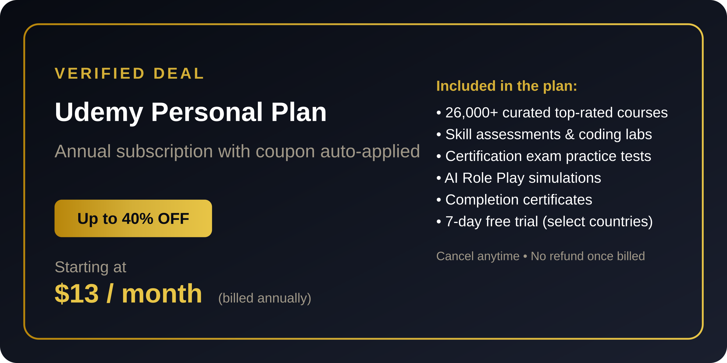 Udemy Personal Plan coupon card showing annual subscription and up to 40 percent discount